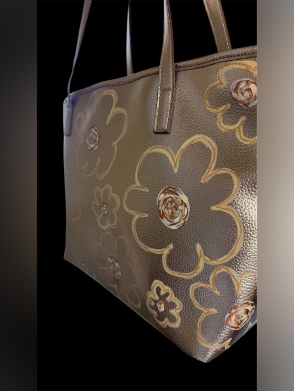 New Hand-Painted Metallic Floral Tote purse | One of a Kind | By @delulu_lemons - Picture 2 of 8